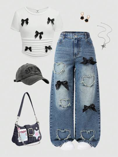 SHEIN Denimly Tween Girl Retro Fashion Street Style Elastic Waist Button Front Zipper Black Bow Decor Love Patch Embroidered Denim Trousers, Plus Size, School, Campus, College