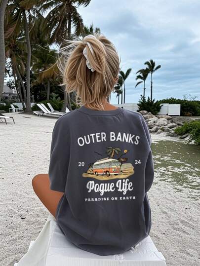One-Piece Girl's Casual Printed Round Neck Pullover Short-Sleeved T-Shirt For Summer Students And Young Children - Comfortable Life Bus Tree Series Artistic Style T-Shirts Inspire Imagination And Self-Expression