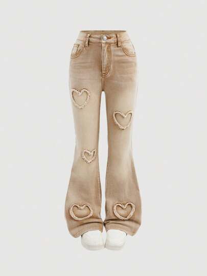 SHEIN Girlism Tween Girl Casual Daily Washed V-Pocket Heart Pattern Flared Denim Jeans