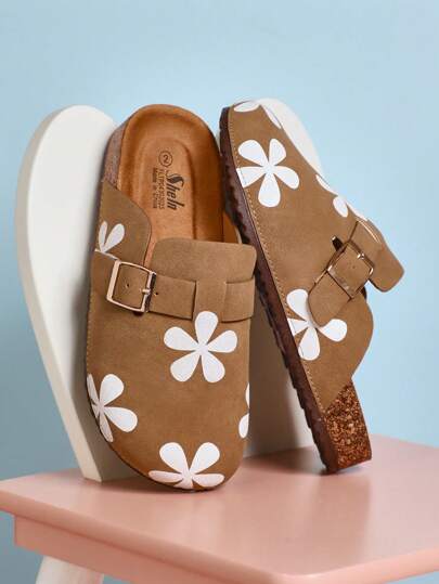 Mini mi Kids' Desert Taupe Floral Print Cork BOS Clogs |Comfort Playground-To-Pool Slides For Mini Fashion Leader