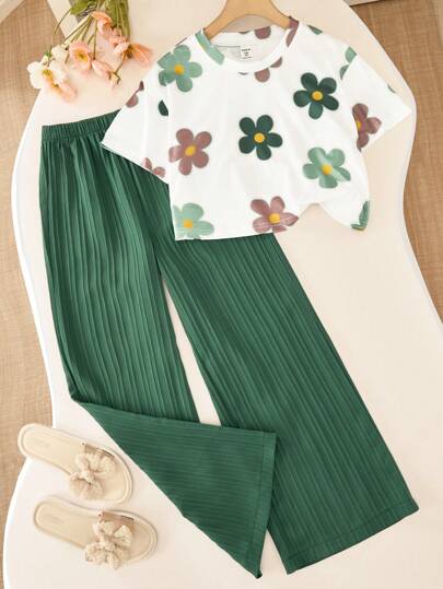 2pcs/Set Girls Floral Full Print T-Shirt And High Waist Textured Wide Leg Pants Set