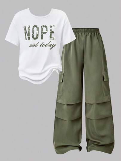 SHEIN 2 Pcs/Set Tween Girl Graphic Tee Paired With Cargo Pants, Casual Street Style Outfit, Spring/Summer,Holiday,Summer,Travel, School, Campus, College Summer Holiday