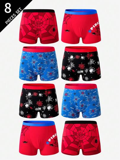 School Boy Lingerie Young Boys Spider Cotton Comfortable Print 8-Pack Boxer Briefs Boys Boxers