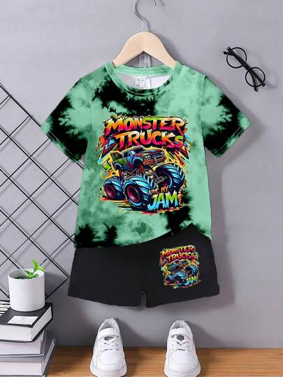 GraphicGems Young Boy Summer Casual Tie-Dye Cartoon Car Graphic Round Neck Short Sleeve T-Shirt And Shorts Set Young Boys 2 Piece