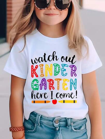 GraphicGems Young Girls ' Casual Fashionable Comfortable Simple Crayon & Letter Print Short Sleeve T-Shirt, Spring/Summer Kindergarten T Shirt Kid