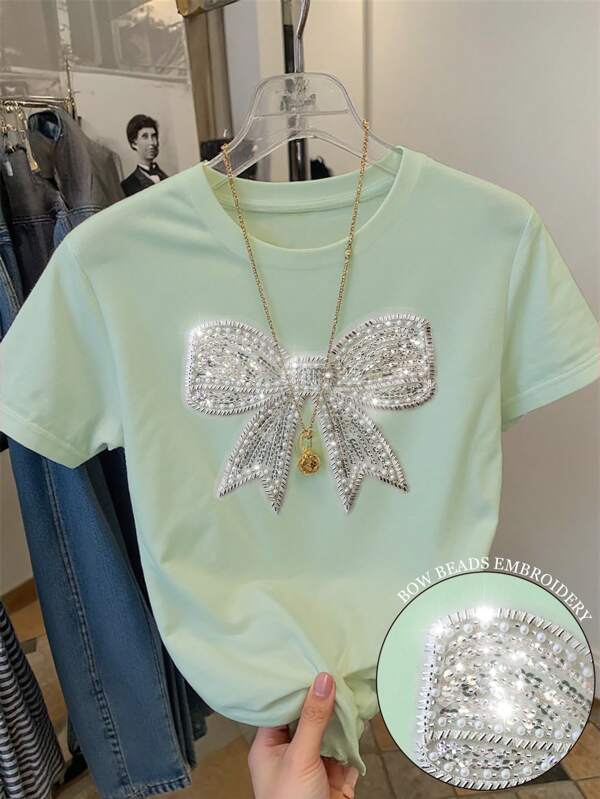 SHEIN Women's Regular Fit Round Neck Short Sleeve T-Shirt With Exquisite Bowknot, Pearl & Sequin Embroidery Crafts
