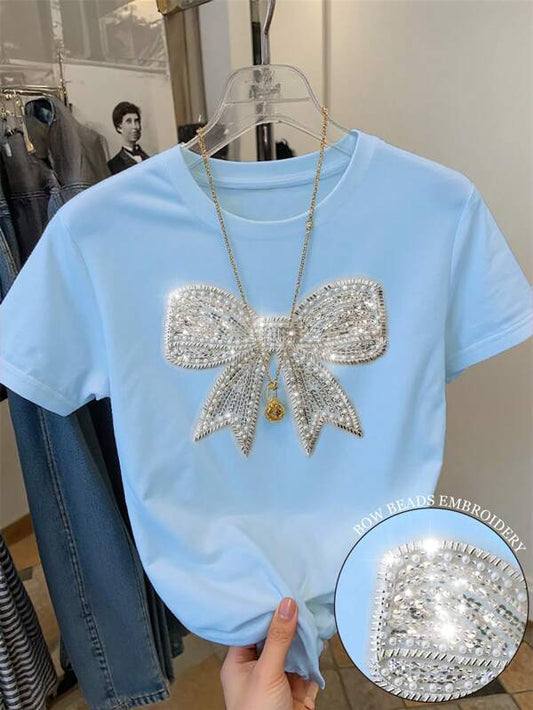 SHEIN Women's Regular Fit Round Neck Short Sleeve T-Shirt With Exquisite Bowknot, Pearl & Sequin Embroidery Crafts