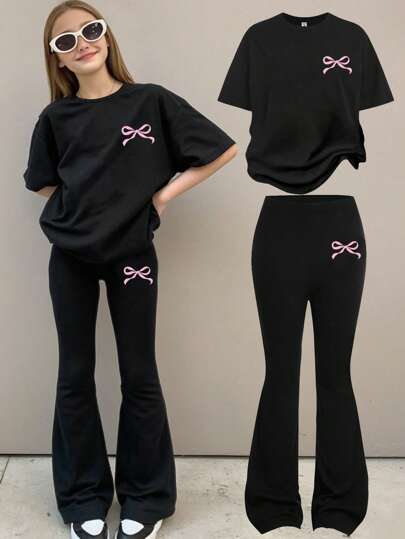 Teen Girl 2pcs/Set Bowknot Print Short Sleeve T-Shirt And Flare Pants Spring/Summer Girls Clothing Set