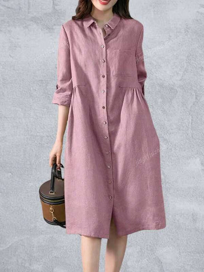 Women Pleating Casual Long Sleeve Shirt Dress Holiday Loose Solid Colour Long Dresses