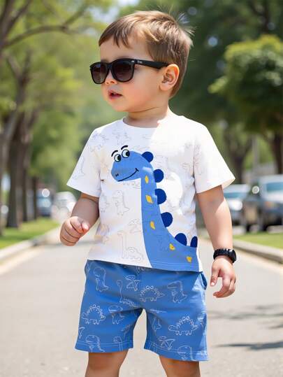 GraphicGems 1 Set Baby Boy Cute Dinosaur & Line Art Print Short Sleeve T-Shirt And Shorts Set, Lightweight Everyday Outfit Suitable For Spring/Summer Cool Baby Boy Clothes Sets