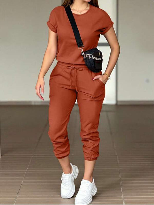INAWLY Women Solid Color Round Neck Short Sleeve Casual Jumpsuit With Front Tie