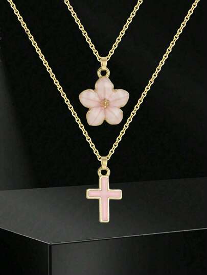 2pcs/Set Teen Girls Sweet Fashion Beautiful Five-Leaf Flower And Cross Pendant Necklace For Summer Beach Party Vacation Holiday Dates Jewelry Accessory For Birthday Gift For Daily Decoration