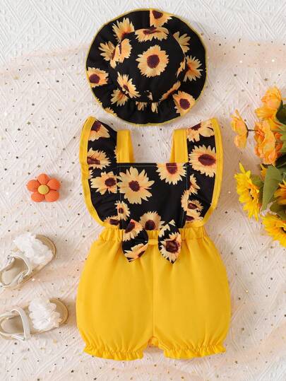 Baby Girls Sunflower Bow Cross Back Strap Romper + Hat