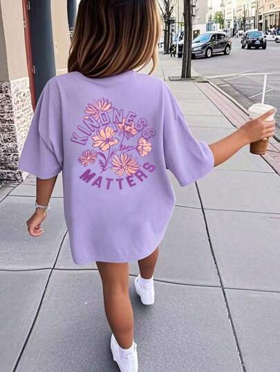 Girls & Teenage Students Casual Printed Purple Crew Neck Short Sleeve T-Shirt, Tops For Summer