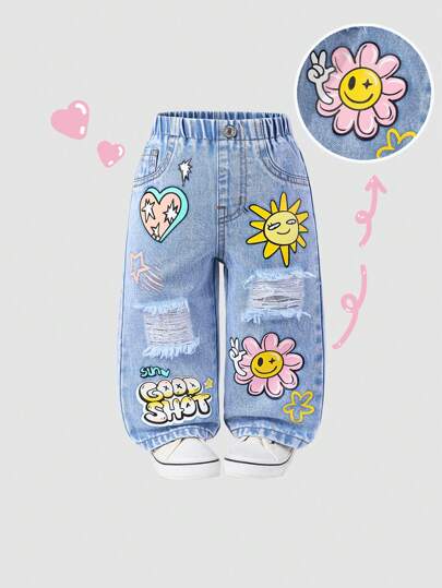 Denimly Baby Girls Casual Daily Urban Street Ripped Light Wash Jeans With Sweet Dopamine Gradient Heart Sunflower Star Print, Elastic Waistband