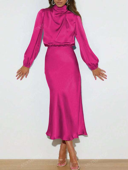 Satin High Collar Pleated Asymmetrical Elegant Evening Gown, Cocktail Party Bridesmaid Dress, Long Sleeve Prom Semi Formal Dress, For Birthday, Wedding Guest, Graduation, Dinner, Homecoming