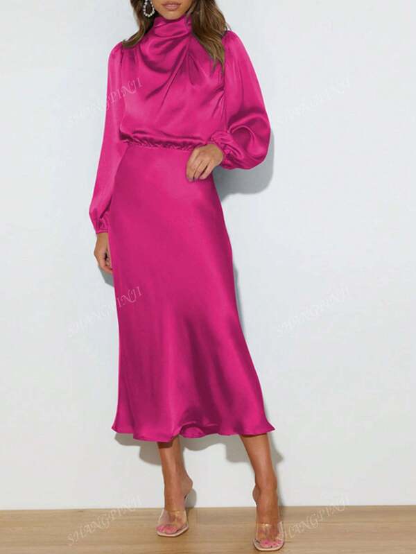 Satin High Collar Pleated Asymmetrical Elegant Evening Gown, Cocktail Party Bridesmaid Dress, Long Sleeve Prom Semi Formal Dress, For Birthday, Wedding Guest, Graduation, Dinner, Homecoming