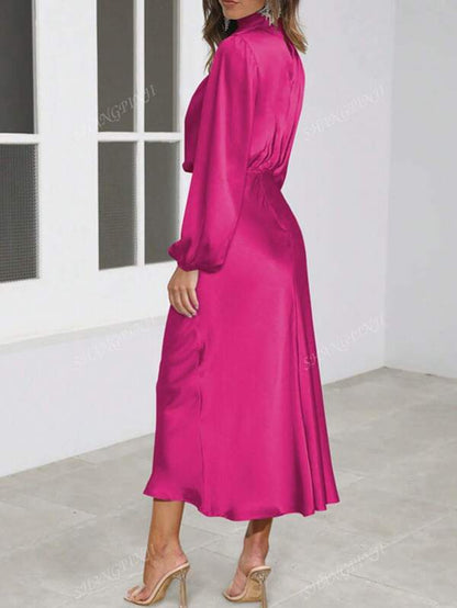 Satin High Collar Pleated Asymmetrical Elegant Evening Gown, Cocktail Party Bridesmaid Dress, Long Sleeve Prom Semi Formal Dress, For Birthday, Wedding Guest, Graduation, Dinner, Homecoming