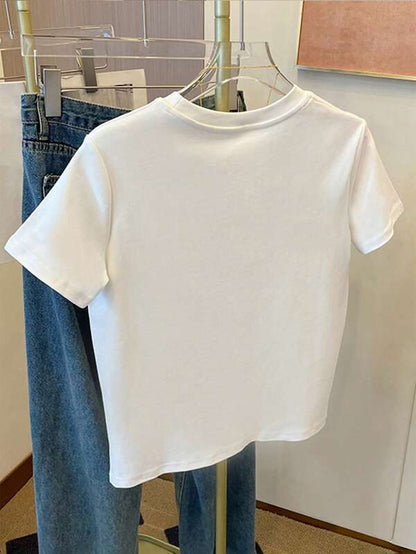 SHEIN Women's Regular Fit Round Neck Short Sleeve T-Shirt With Exquisite Bowknot, Pearl & Sequin Embroidery Crafts