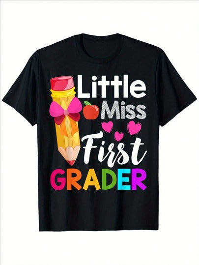 Little Miss 1st Grader T-Shirt ??Black Cotton First Day Of School Tee For Boys & Girls, Casual Short Sleeve With Colorful Lettering, Perfect Gift For Youngsters, Youngsters School Apparel | Vibrant Youngsters Shirt | Cotton Material