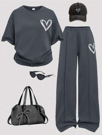 SHEIN Girlism Tween Girl Casual Streetwear Fashion Oversized Round Neck Loose Drop Shoulder Heart Print Short Sleeve Sweatshirt And Pleated Wide Leg Pants 2 Pieces Knit Tracksuit Set, Deep Grey Kids Wide Leg Pants Set Girls Pant Set Girls Lounge Set