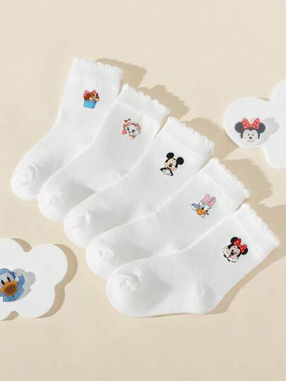 Disney 5 Pairs Children White Bubble Mouth Princess Style Crew Socks, All Season