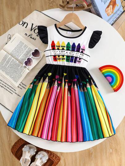 1pc Girls Casual School Season Colored Pencil Print Pattern + Hem Colored Pencil Print Dress, Outdoor Spring/Summer