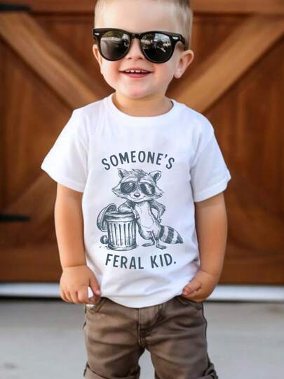 Young Boys' Casual Comfortable Fashion Cute Racoon With Sunglasses And "Someone's Feral Kid" Slogan Short Sleeve Round Neck T-Shirt, Spring/Summer