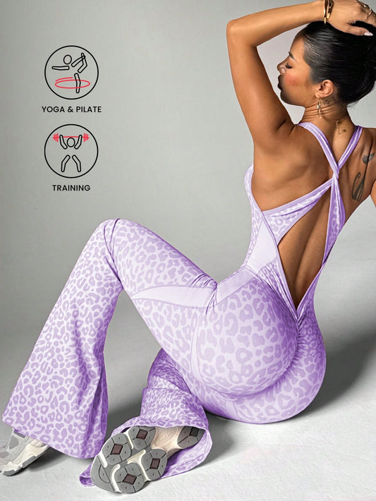 Slayoga 1pc Leopard Print Knotted Open-Back Plunge Flare Jumpsuit