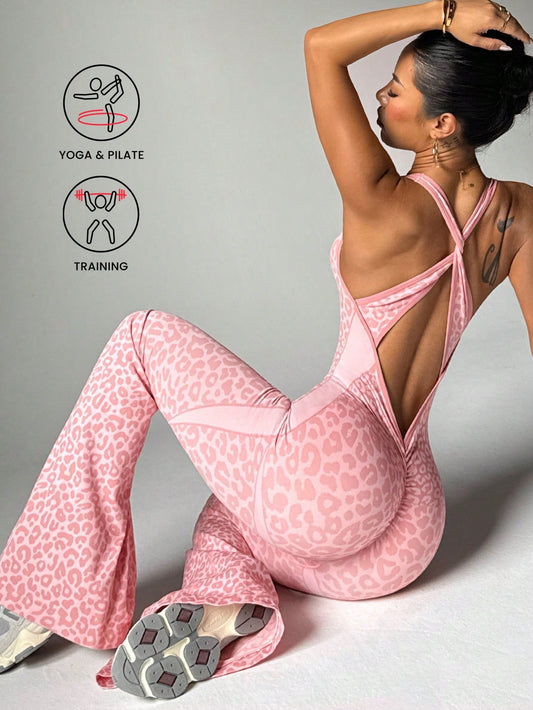 Slayoga 1pc Leopard Print Knotted Open-Back Plunge Flare Jumpsuit
