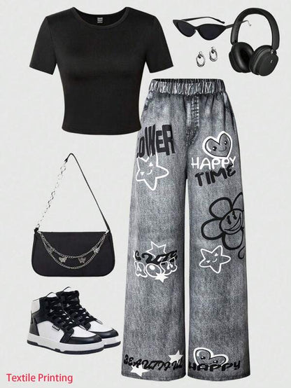 Women's Black Short Sleeve T-Shirt With English Letter & Star Print, Black Pants 2 Pieces Set, Mommy And Me Matching Outfits (Sold Separately)