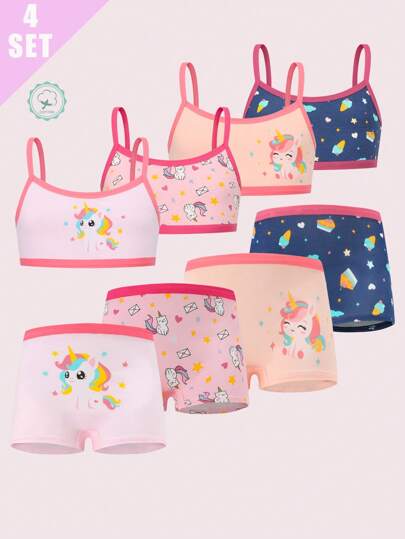 4pcs Cotton Girls Cartoon Print Soft Camisole Top & Panty Set