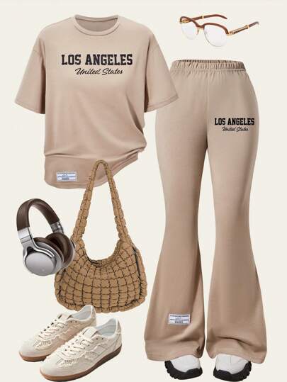 2pcs/Set Teen Girl Casual Comfortable Minimalist Letter Print Short Sleeve Top And Flared Pants Los Angeles Outfit
