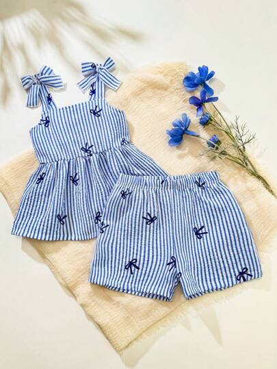 SHEIN Playful Pals 2pcs/Set Baby/Toddler Girls' Casual Daily Cute Stripe Bow Decor Camisole Top + Shorts Set, Spring & Summer
