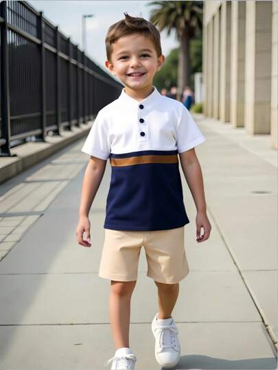 SHEIN 1 Pc Young Boy 2-Piece Set, Kids Knit Comfortable Short Sleeve Polo Shirt, Fashionable Sporty Color-Block Design Top, Suitable For Spring/Summer, Loose Fit, Ideal For Vacation, Beach, Casual Outings