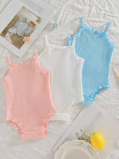 SHEIN Vintaside Kids 3pcs Baby Girls' Comfortable & Versatile Solid Color Knit Camisole Romper Set, For Spring And Summer