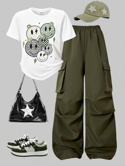 SHEIN HYPEME Kids 2 Piece/Set Teen Girls Letter Print Round Neck T-Shirt + Cargo Pants, Casual Streetwear Style Outfit Set For Teens