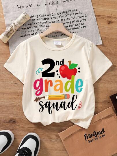 Back To School Young Girls Letter & Apple Pencil Print Short Sleeve T-Shirt, Summer Season