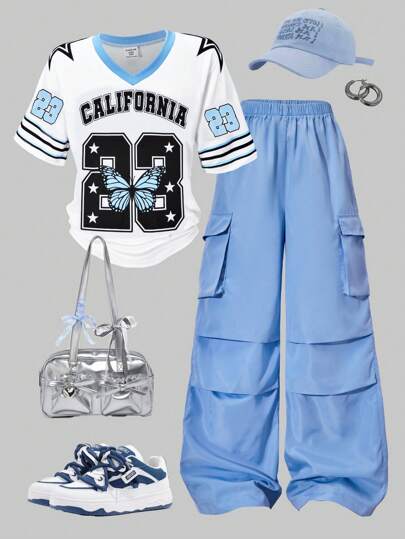 SHEIN 2pcs Tween Girls American Style Raglan Sleeve Graphic Tee & Applique Pocket Cargo Pants Set Girl Y2k Outfit