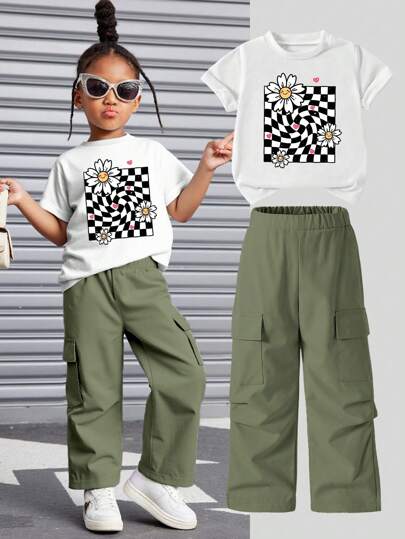 Young Girls Casual Co-Ord Set, Floral & Face Graphic Print Short Sleeve Top And Straight Leg Cargo Pants Suit