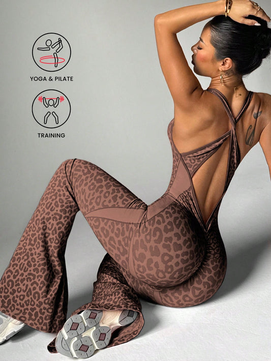 Slayoga 1pc Leopard Print Knotted Open-Back Plunge Flare Jumpsuit
