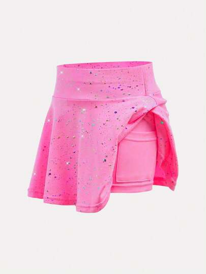 SHEIN Young Girls' Activewear Elastic Star Print Comfortable Breathable Dance/Yoga Skirt In Rose Red