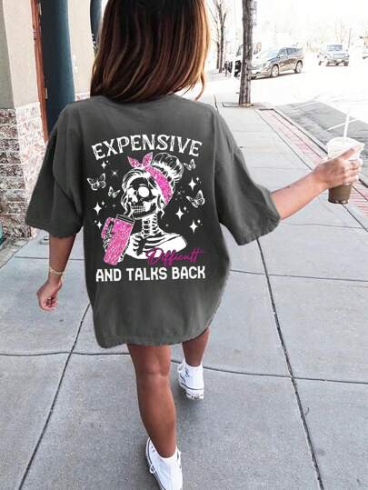 1pc Tween GirlsHalloween Slogan Print Grey Short Sleeve T-Shirt, Student & Young Casual Comfy Fashion Tops For Summer