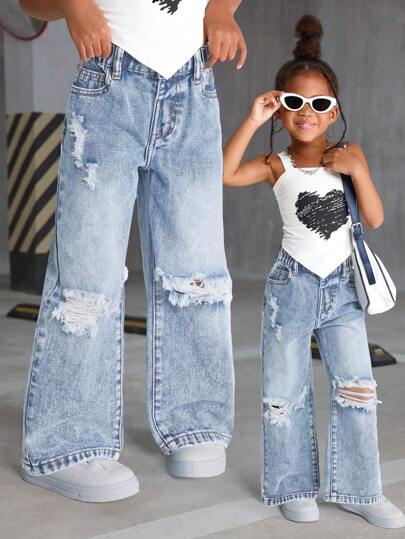Young Girls Casual Versatile Distressed Straight Leg Denim Jeans Girls Ripped Jeans Kids Wide Leg Jeans Baggy Jeans For Kids Tween Girls Jeans Girls Distressed Jeans, School, Campus, College Summer Holiday