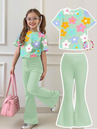 SHEIN 2pcs/Set Young Girl Casual Cartoon Print Crew Neck Short Sleeve Top And Flared Pants, Suitable For Summer Tween Girl Clothes Pants Set Girls Pants And Top Tween Girl Casual Sets Flare Pants Set Kids Tween Girl Floral Print Top And Pants Set