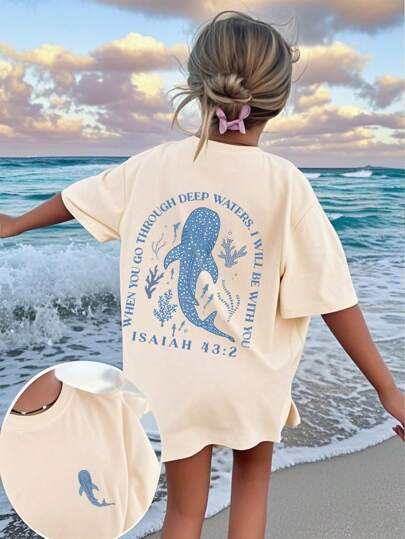 1pc Tween Girls Dolphin Tropical Print Dark Grey Short Sleeve T-Shirt, Student Tween Girl Comfortable & Fashionable Summer Top