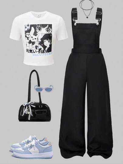 SHEIN Tween Girls Crew Neck Short Sleeve Cartoon Print T-Shirt With Printed Overall Shorts, 2 Piece Set Outfit Sets