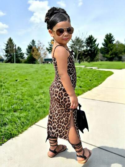 Young Girls' Leopard Print Spaghetti Strap Dress With Bow Flare Skirt Design, Casual Everyday Streetwear Little Girls Leopard Dress Leopard Print Dress For Girls