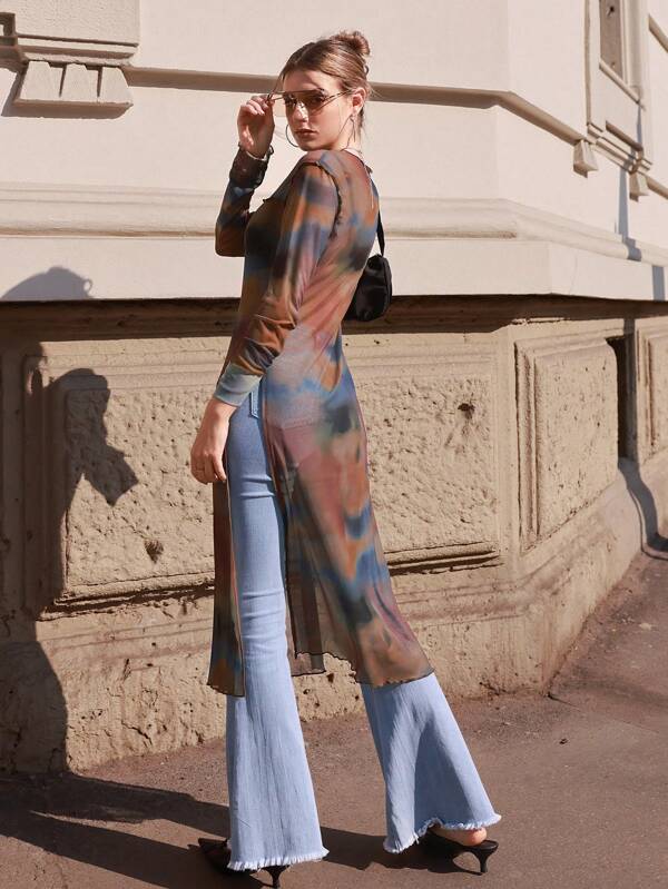 Dazy Designer Tie Dye Split Thigh Longline Top,Fall Clothes,Back To School Clothes Long Sleeve Women Tops