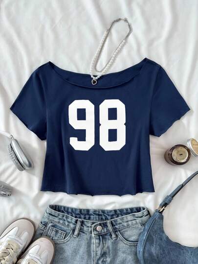 SHEIN Tween Girl Casual Royal Blue Knitted Slogan Off-Shoulder Printed Short Short-Sleeved Fitted Top, Spring And Summer, Cool, Basic, Daily, Versatile, Sports Fashion Summer Tops, Back To School Season, School Uniforms Girls Royal Blue Crop Tops
